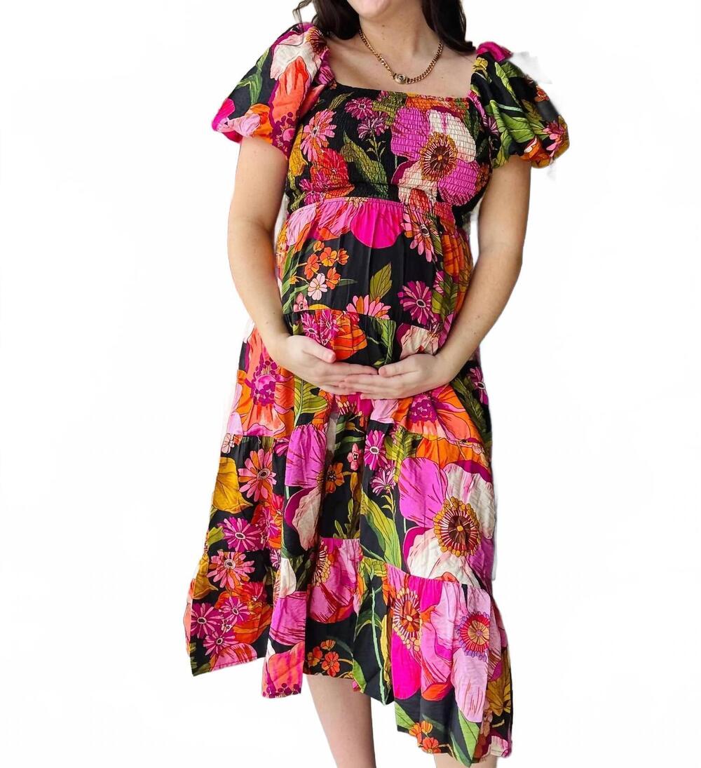 NEW STACCATO women's smocked midi dress in midnight bloom